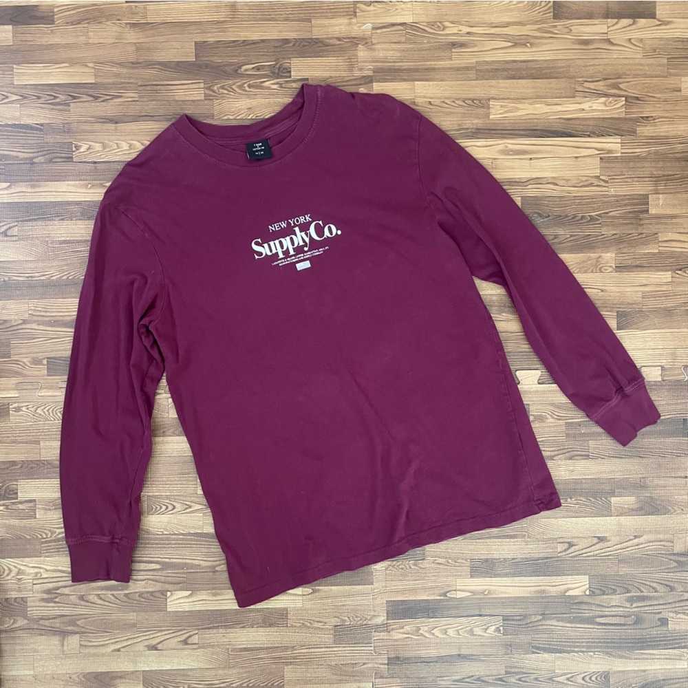 T Bar x Cotton On Men's Burgundy Long Sleeve “New york Supply Co.” Shirt Medium